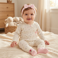 N14759: Baby Girls Waffle Fabric Top, Pant, Socks & Headband Outfit (0-9 Months)